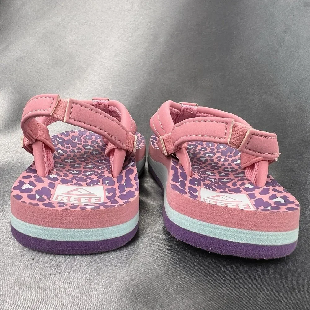 REEF Lil Ahi Toddler's 5 Slingback‎ Sandals Pink Cheetah Summer Flip Flops Beach